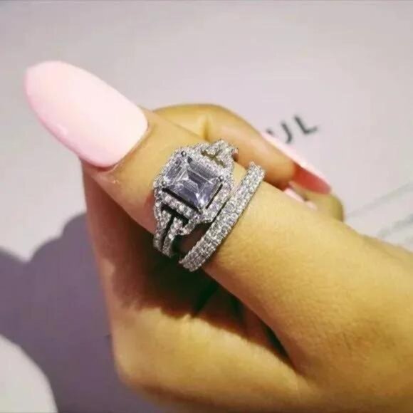 \\ NEW \\ S925 STERLING SILVER \\ DIAMOND TWO RING SET\\CUTE RING\\SHINY RING. - Picture 4 of 5